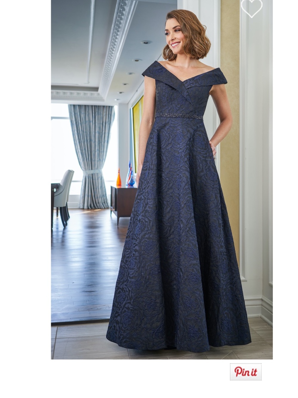 Off-Shoulder Navy Jacquard Formal Gown